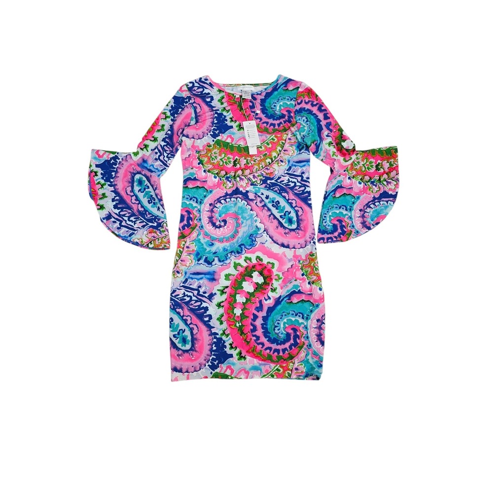 Tara Grinna Womens Bell Sleeve Paisley Print Dress Metompkin Bay XS New tags